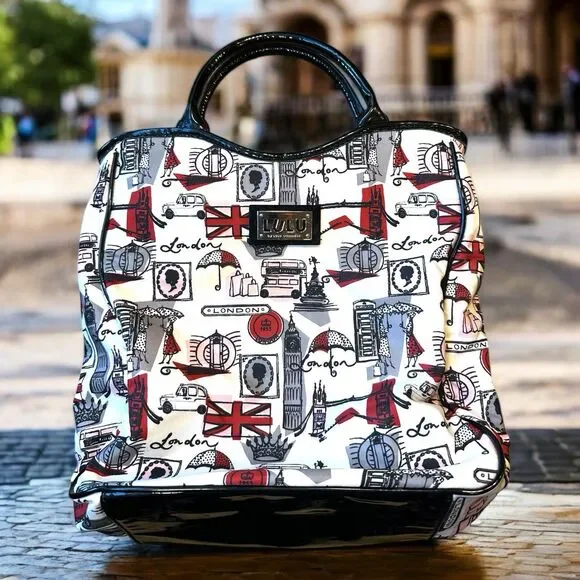 Lulu Guinness City London Tote Red Black Patent Trim Hand Bag Purse Betsy Coutur - Picture 3 of 9